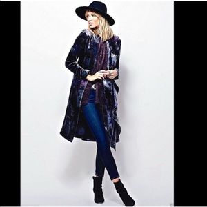 Free People Printed Patchwork Velvet Ruffle Duster Coat M